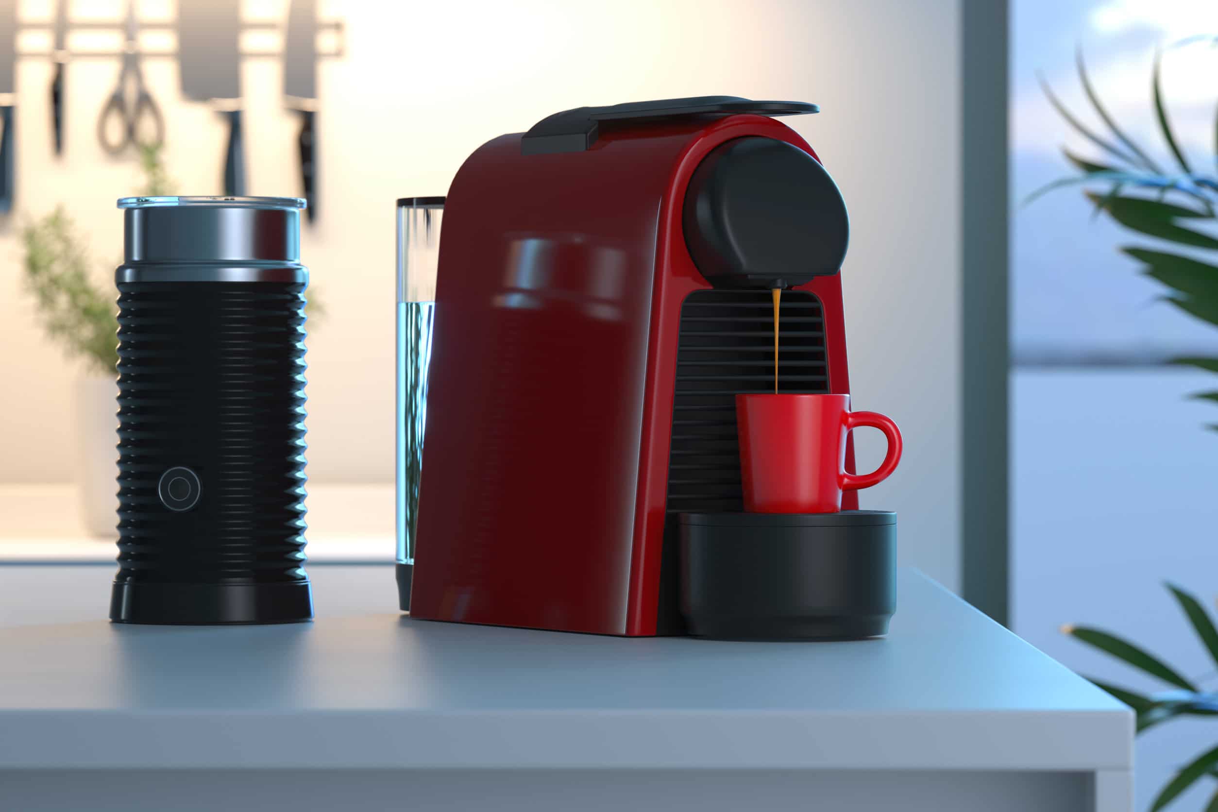 Espresso Coffee Capsules Machine In Process Of Making Fresh Coffee In Bright Modern Cozy Kitchen 3d Rendering