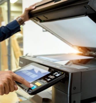 Bussiness Man Hand Press Button On Panel Of Printer Printer Scanner Laser Office Copy Machine Supplies Start Concept