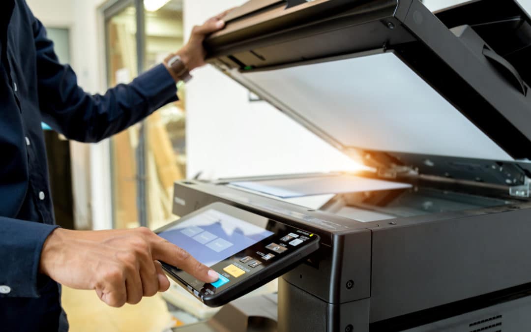 Bussiness Man Hand Press Button On Panel Of Printer Printer Scanner Laser Office Copy Machine Supplies Start Concept
